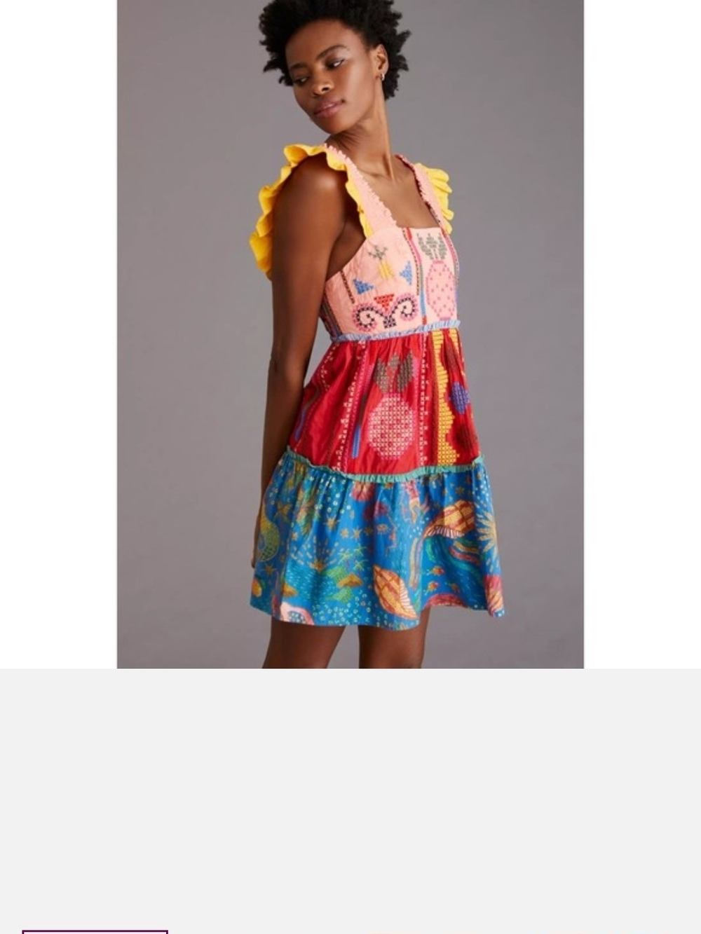 FARM Rio Multicolor Patchwork Mini Dress with Yellow Ruffle Straps